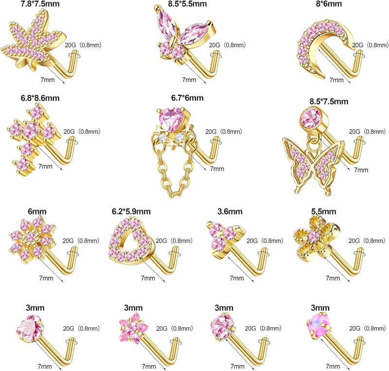 Drperfect Gold Silver Nose Rings Nose Studs for Women Nose Piercings 20G L Shaped Corkscrew Dangle Nose Rings Studs Simulated Diamond Pink CZ Opal Dangling Dangly Hanging Nose Piercing Jewelry with Heart Star Butterfly Flower Cross Moon Charm Cute Dainty Nose Jewelry - Image 5